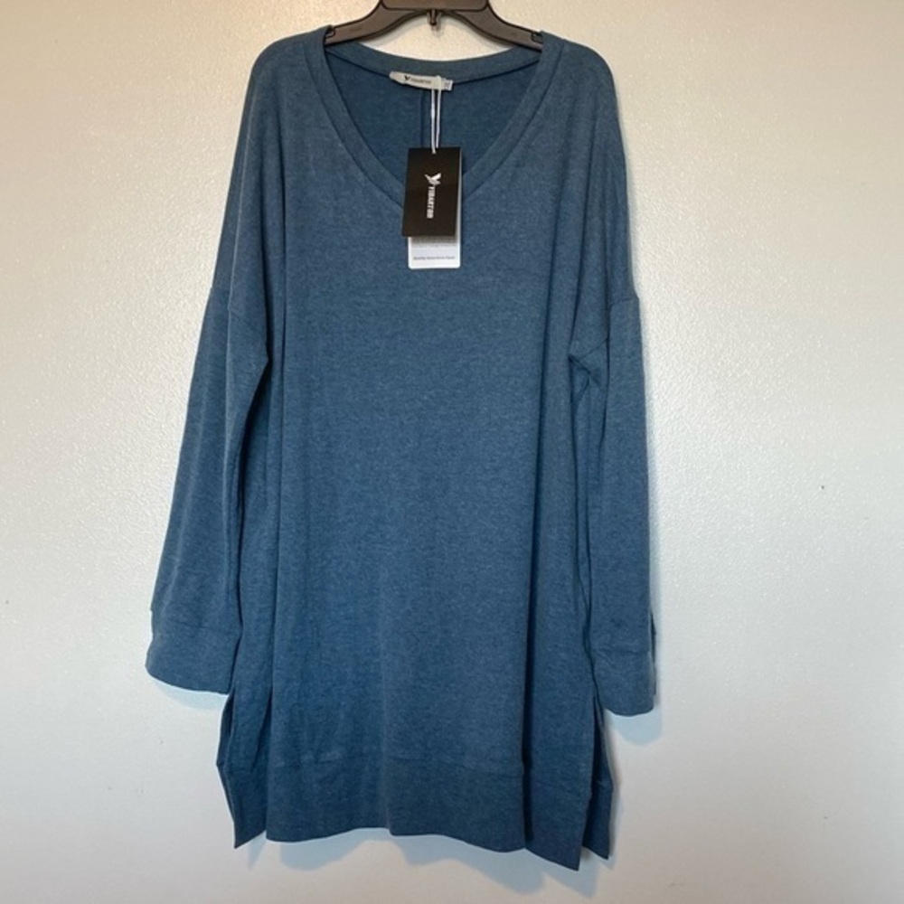 YIDARTON blue V neck cotton blend pull over long sleeve with zip pockets 2XL